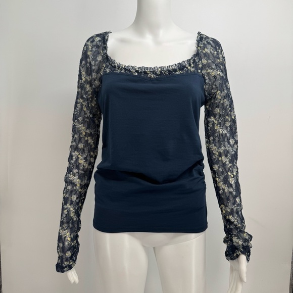 NWD Free People Josie Size L Floral Lace Sleeve Ruched Side Top - Picture 3 of 12